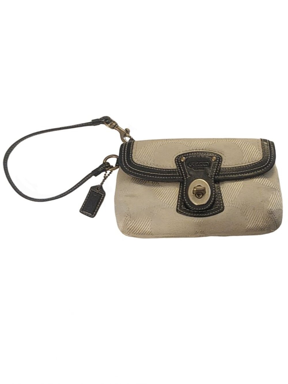 Coach Signature Jacquard Tan Black Turnlock Wristlet Y2K 7x4
